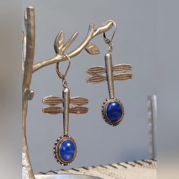 Jewelry - Vintage Sterling Silver Lapis Dragonfly Earrings Double-Sided Rotating Design